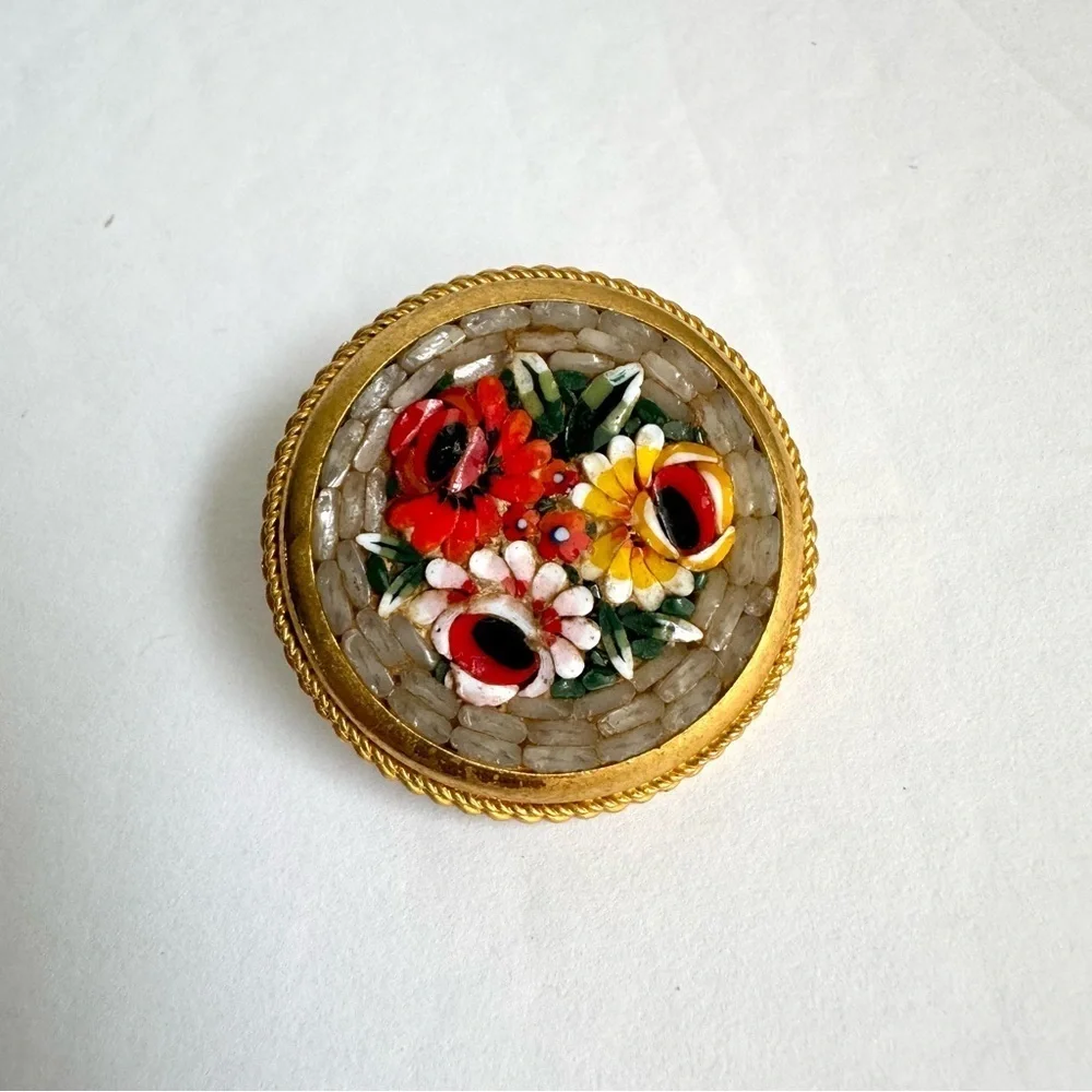 Vintage‎ Floral Mosaic Brooch Rose Floral Pin Signed Italy Italian Florentine
